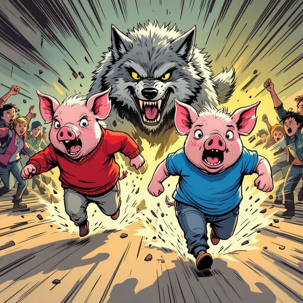 Scared Pigs Flee Wolf in Comic Book Style Rally