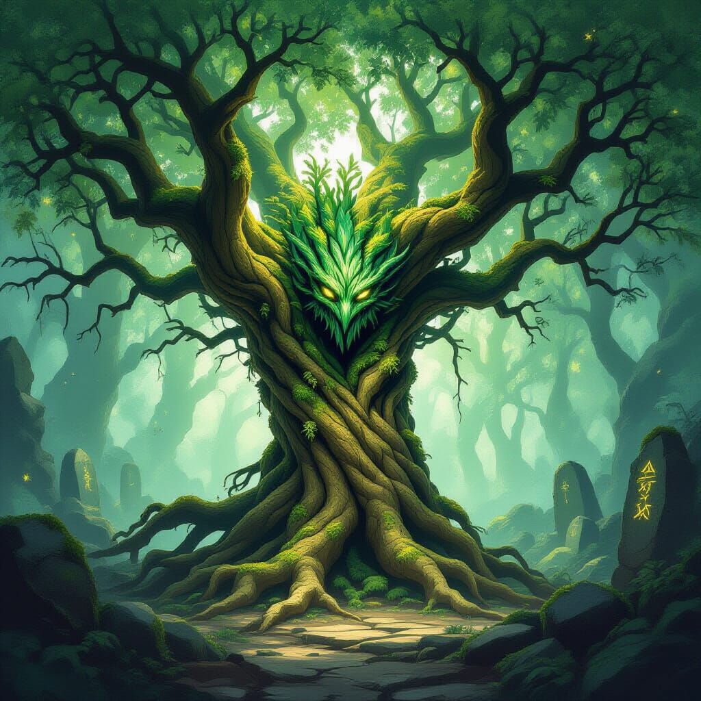 Ancient Tree Spirit in Mystical Forest, Dark Fantasy Art