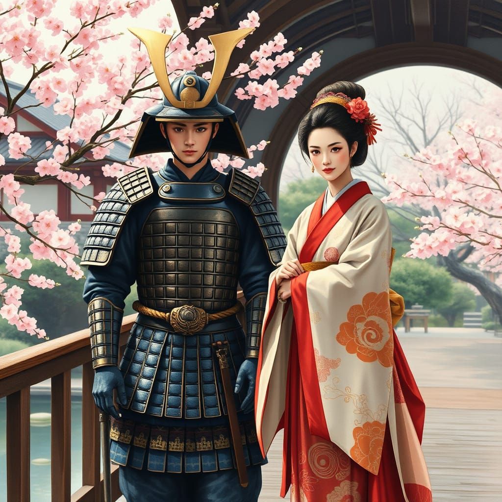 Young Japanese Warlord and Wife in Serene Feudal Landscape