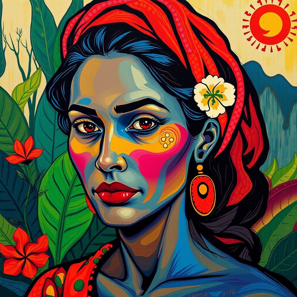 Expressive Portrait of a Woman in Vibrant Tropical Setting