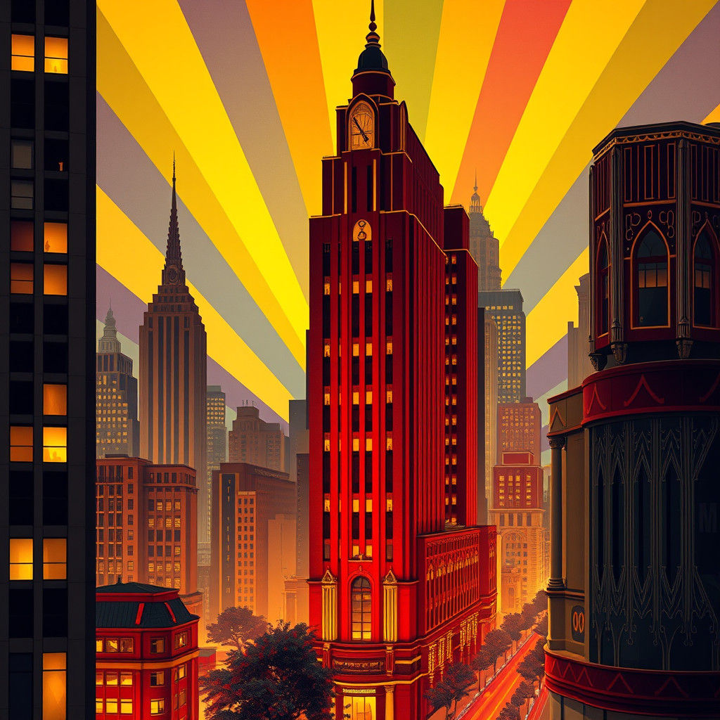 Golden Opulence of Art Deco City at Night