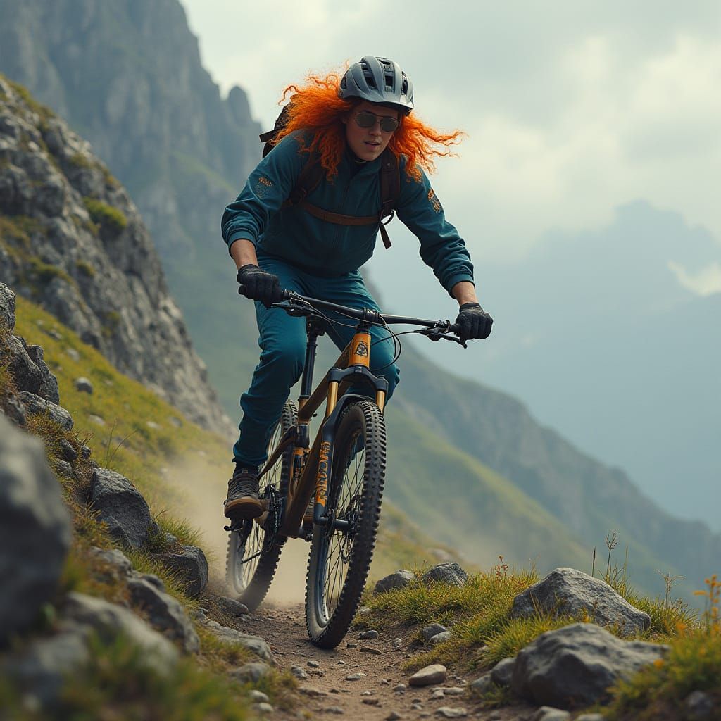 Mountain Bike on Rocky Terrain in Retro-Futuristic Style