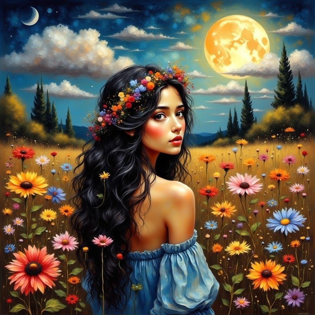 Dreamy Gouache: Hippy Girl in Wildflower Field