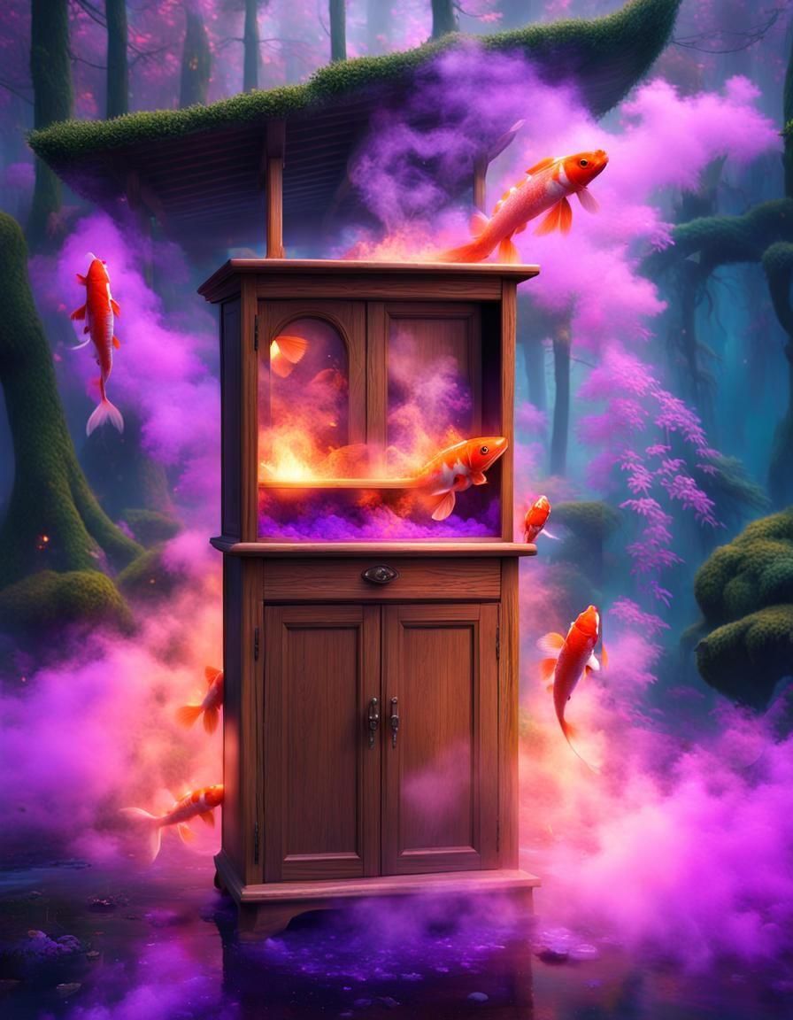 Surreal Living Cabinet with Koi and Fir Trees