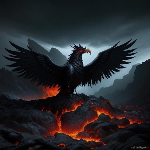 Phoenix Rising from Lava Cauldron in Gothic Fantasy Art