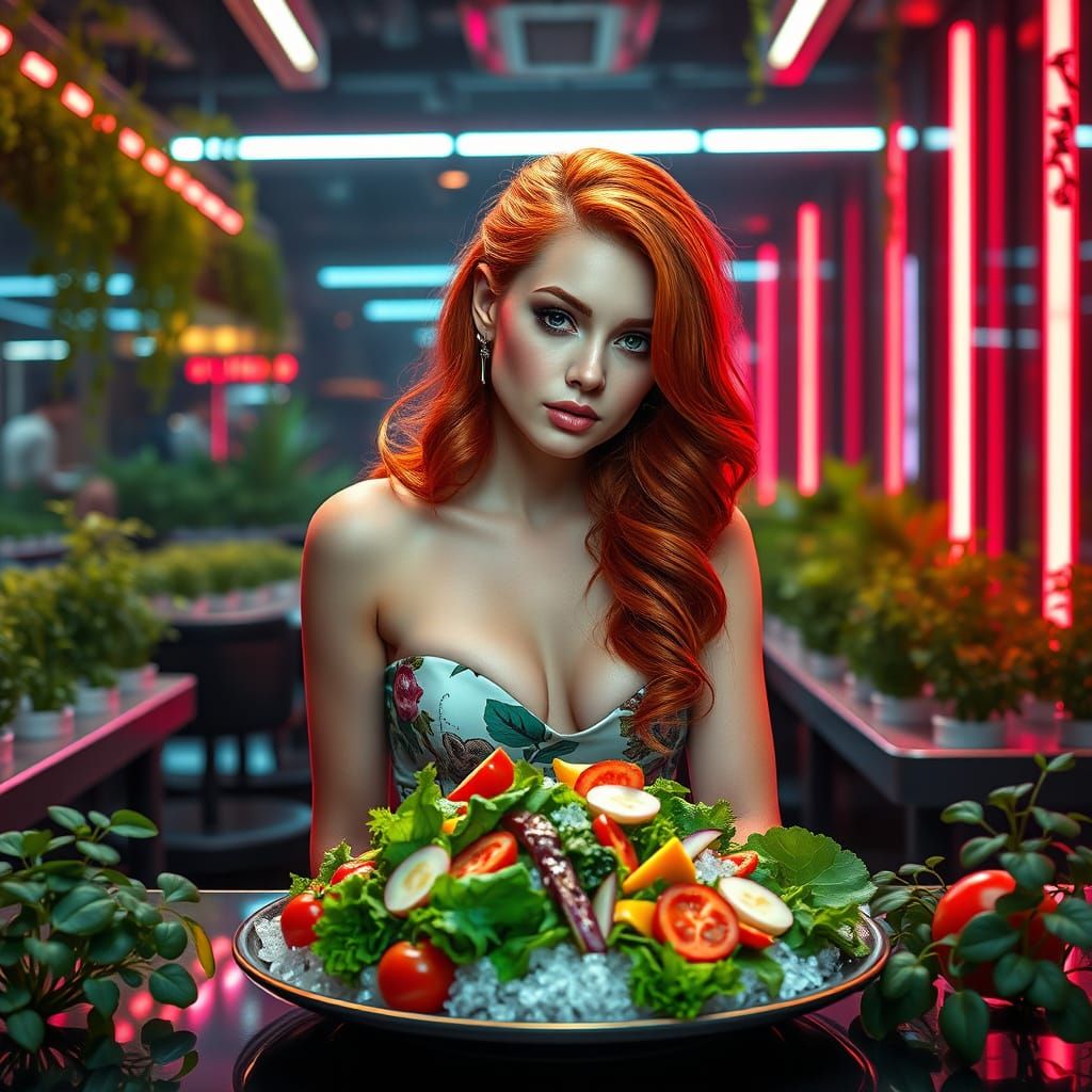 Hyper-Realistic Pin-Up in Retro-Futuristic Restaurant