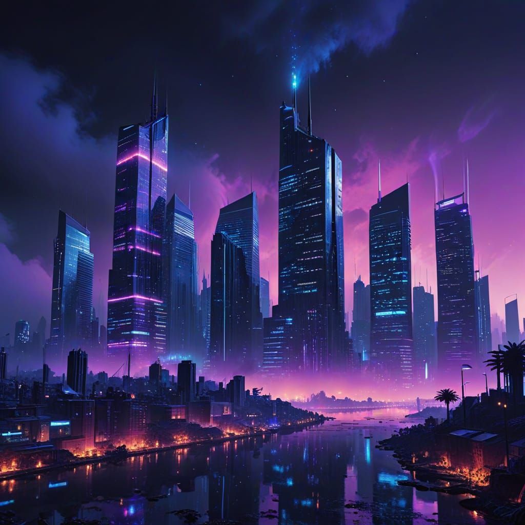 Bioluminescent Cityscape at Night in Neon Noir Style