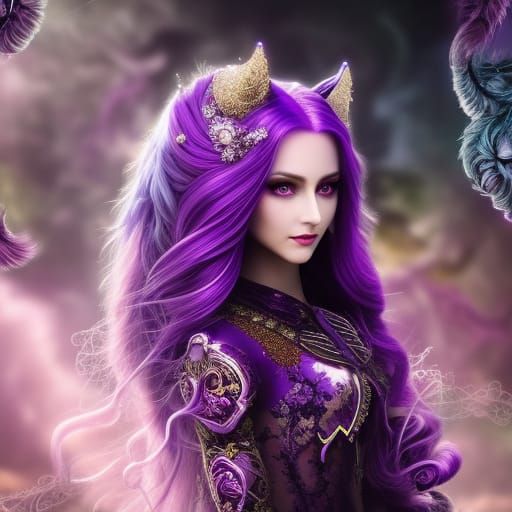 Purple-Haired Woman with Cat Hoodie in Rembrandt Style