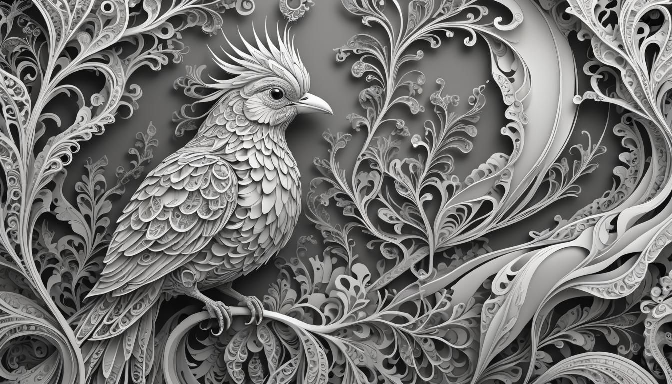 Monochrome Drawing of Exotic Bird with Abstract Elements