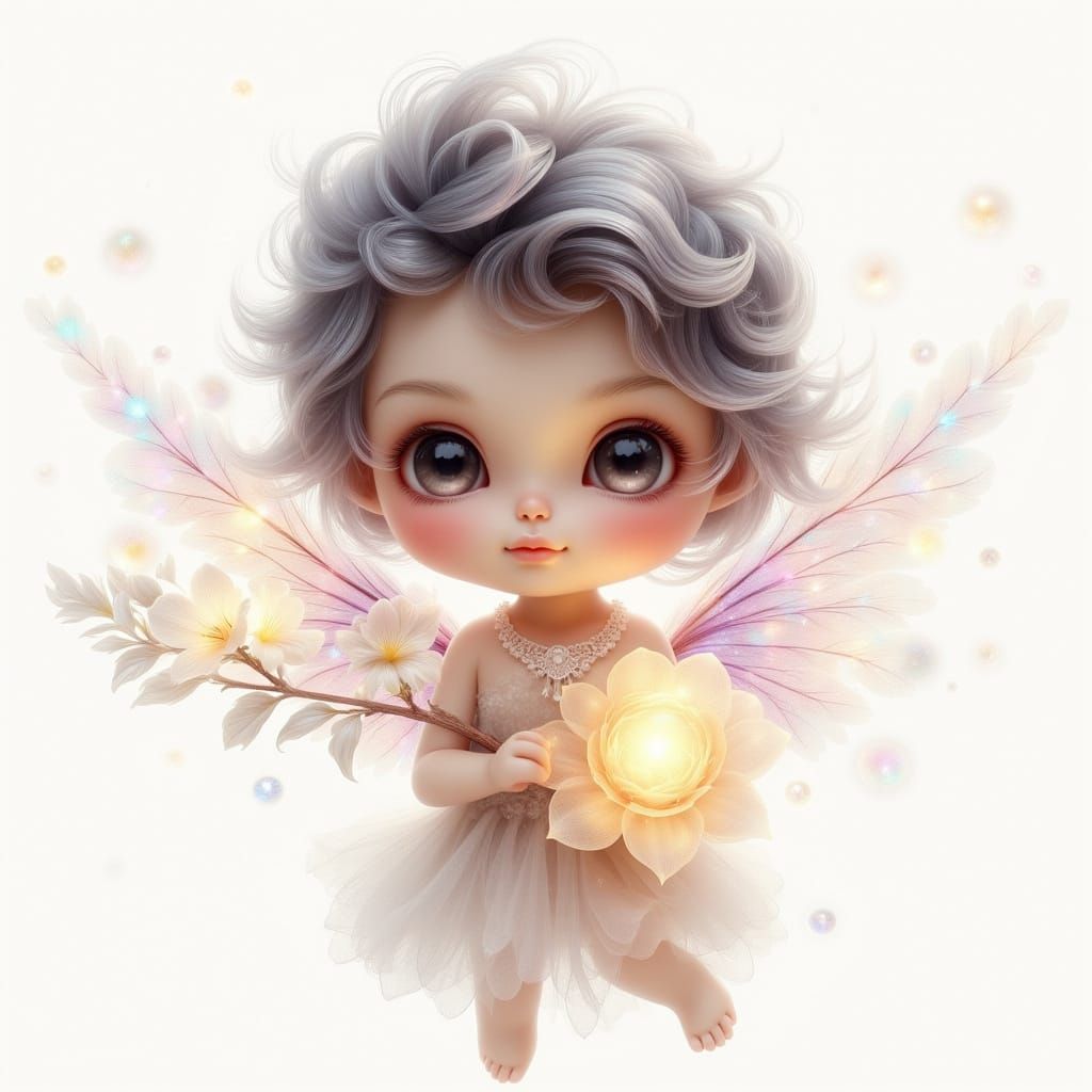 Chibi Baby Angel with Sparkling Eyes in Art Nouveau Style