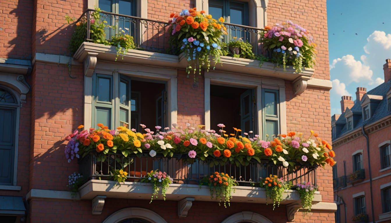 Balcony Flowers in Miniature World: 3D Digital Art