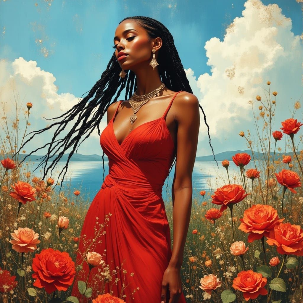 African Elven Goddess in Rose Field, Hyperrealistic Painting