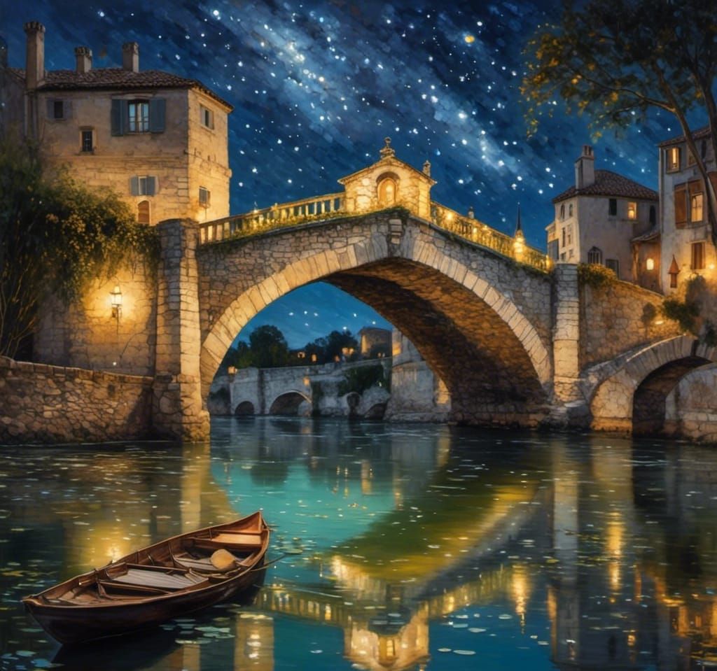 Starry Night Over Old Stone Bridge in Avignon
