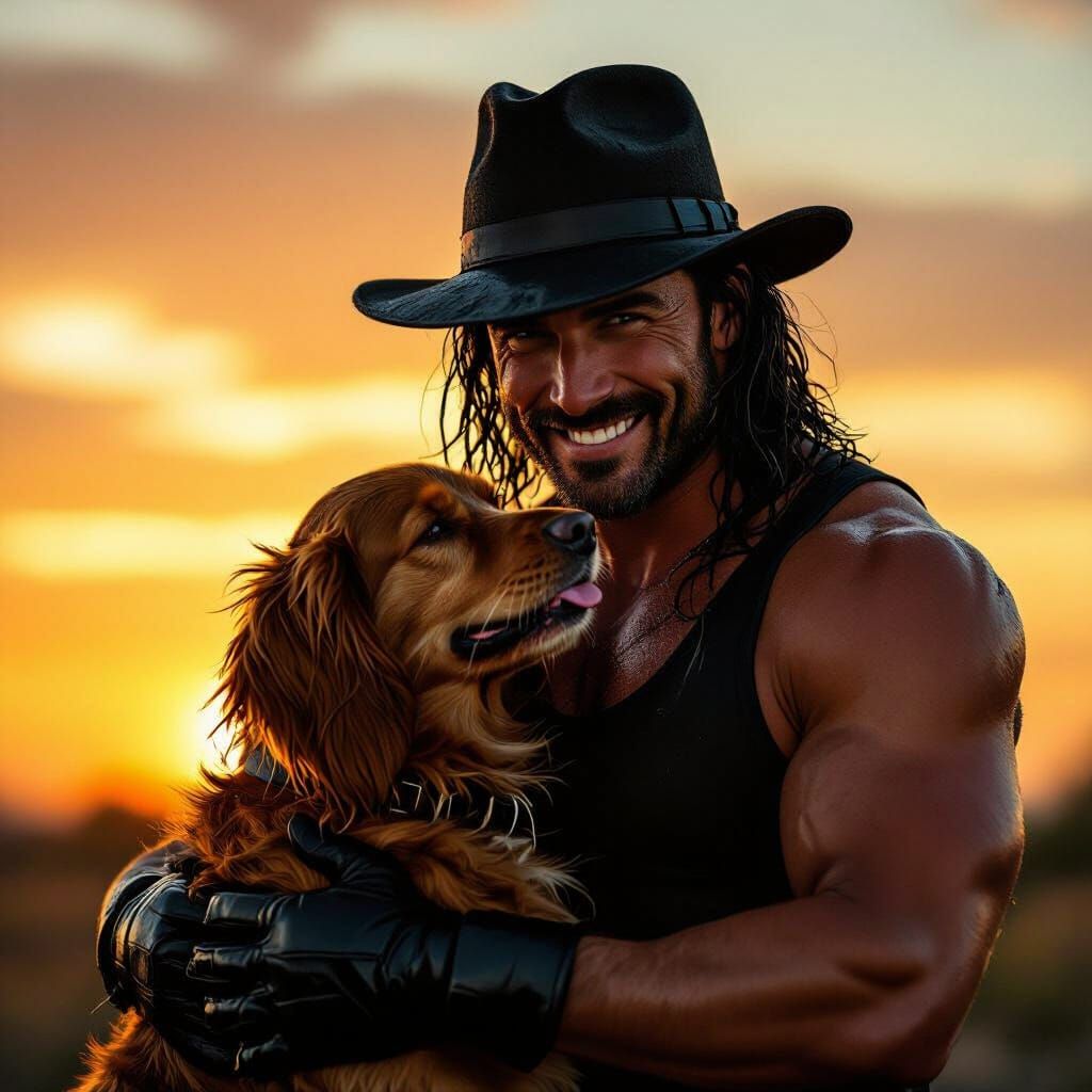 Rugged Man and Dog at Golden Hour