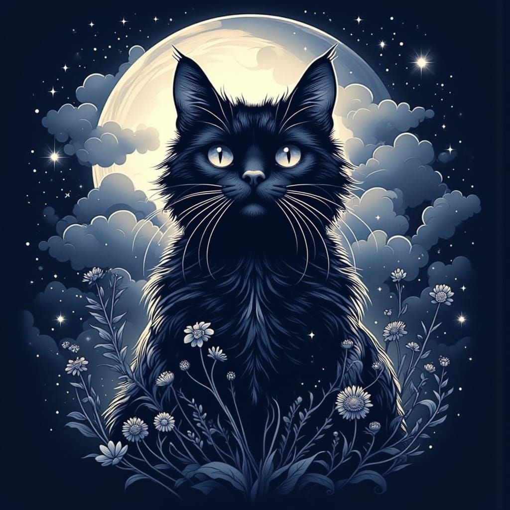 Mystical Black Cat in Neo-Traditional Tattoo Style