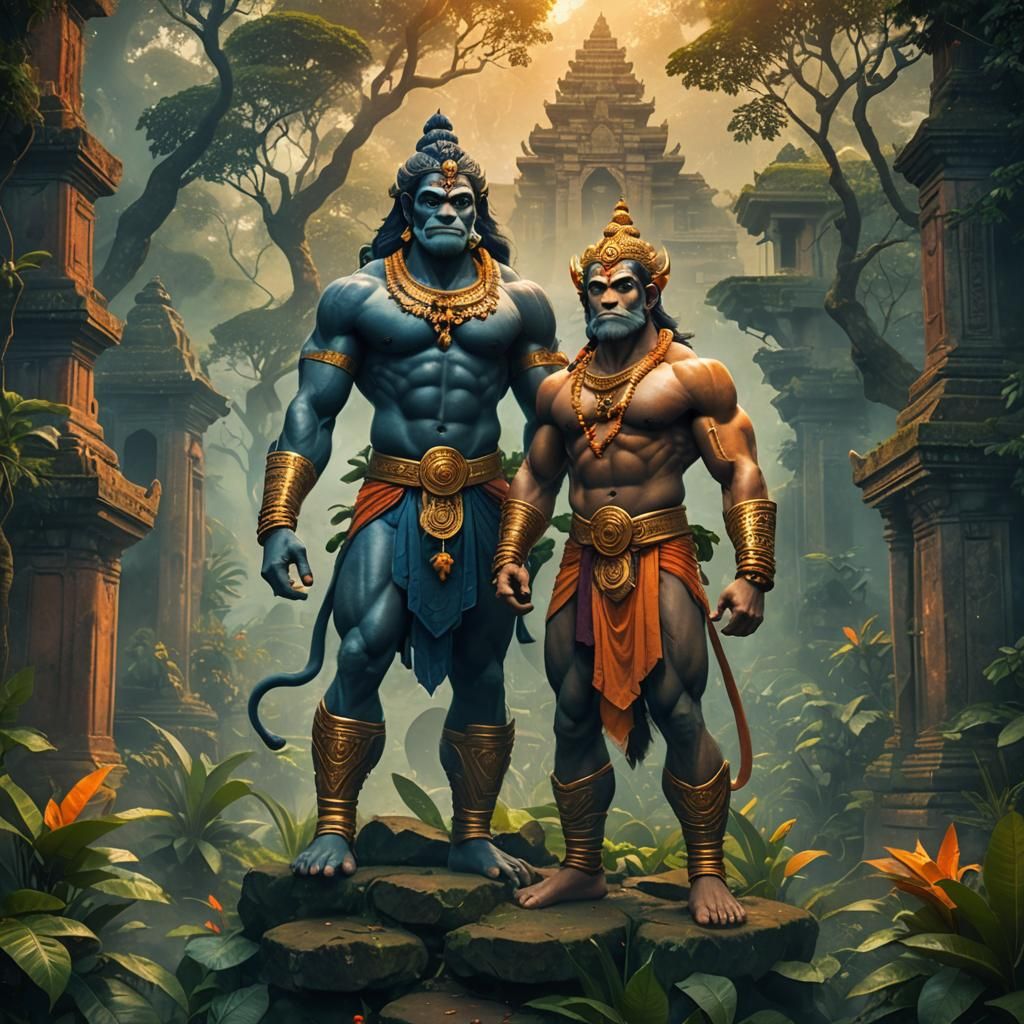 Hanuman in Lush Temple Garden: Digital Matte Painting