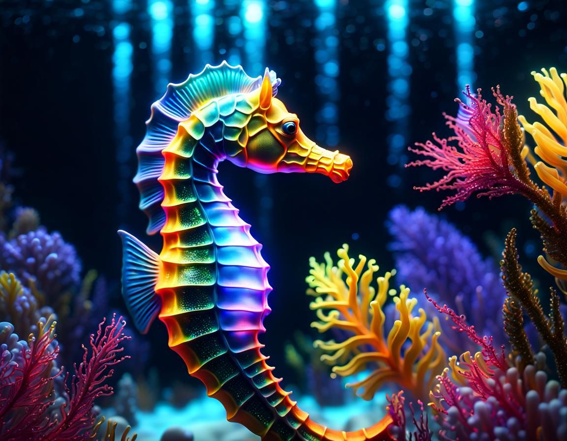 Bioluminescent Seahorse in Neon Underwater Render