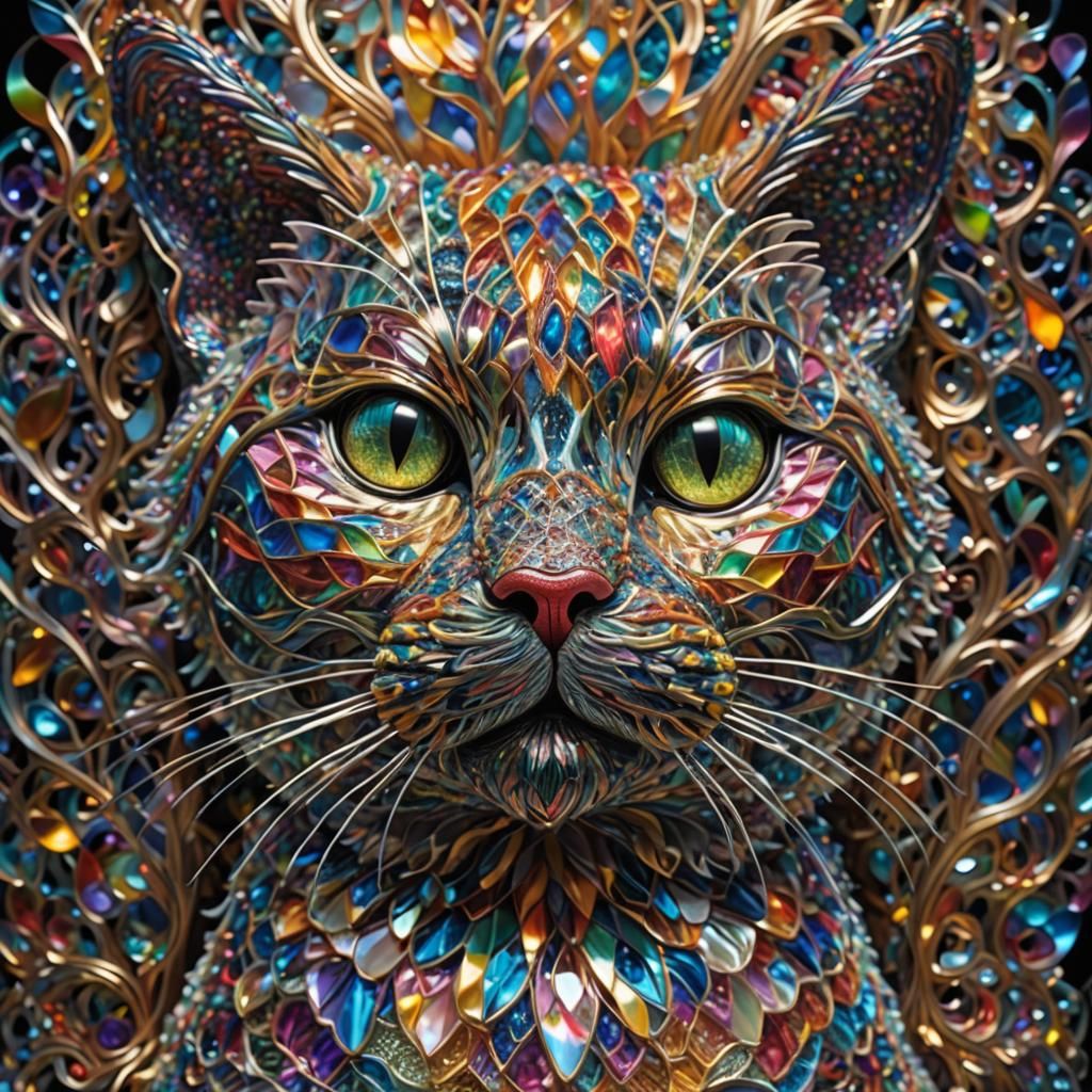 Polychromatic Knitted Glass Cat Sculpture