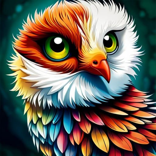 Cute Chibi Bird with Fluffy Feathers, Gouache Painting