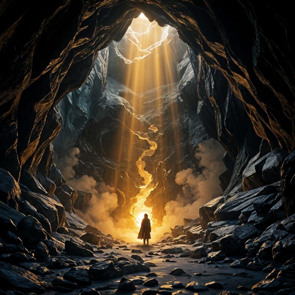 Glowing Spirit in Vast Obsidian Cave