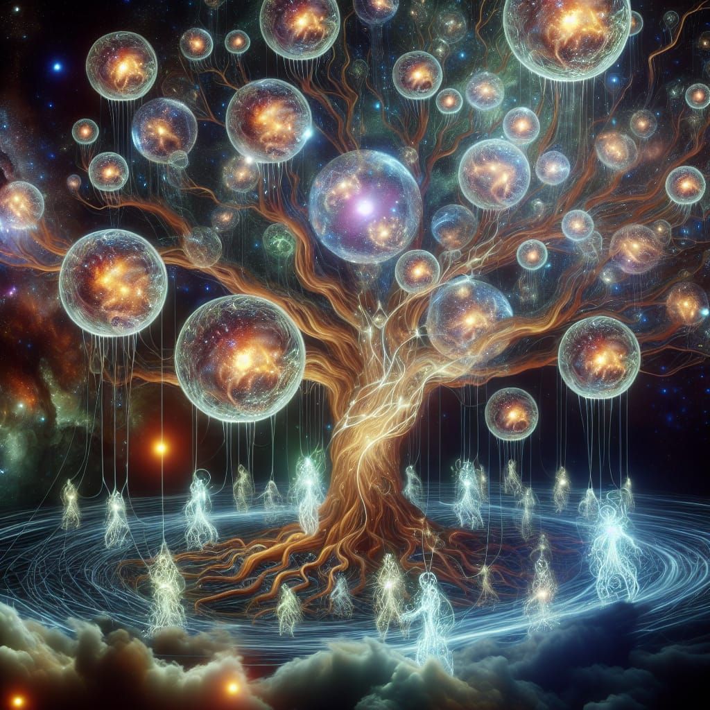 Cosmic Tree with Galactic Roots, Hyperrealistic Scene