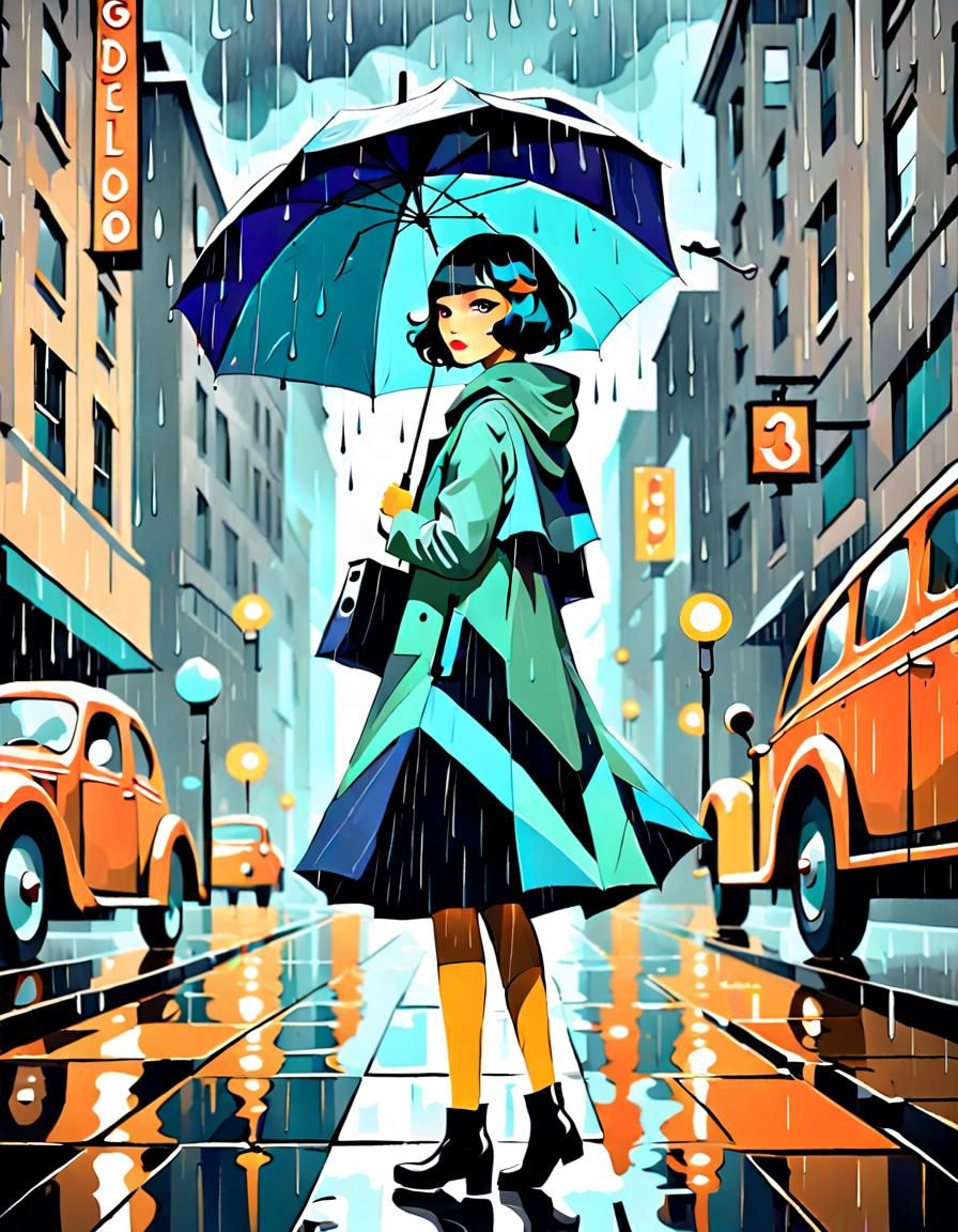 Rainy Day Urban Scene in Art Deco Gouache Style