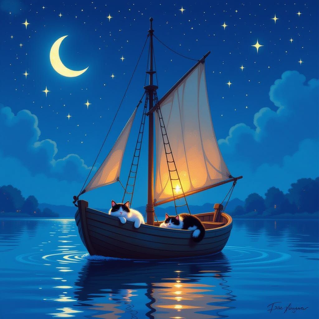 Cat's Starry Voyage: Whimsical Romantic Oil Painting