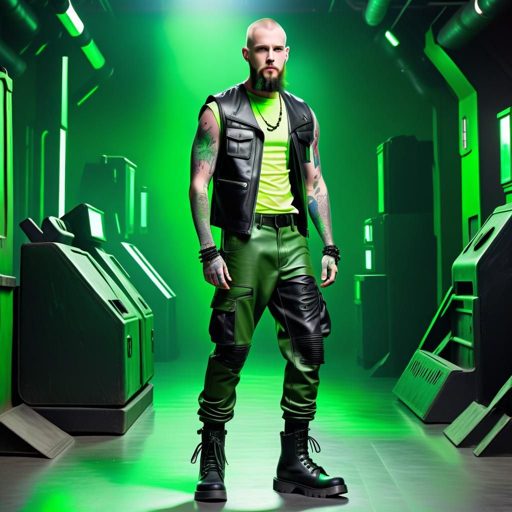 Cyberpunk Male with Green Accents in Dystopian Setting