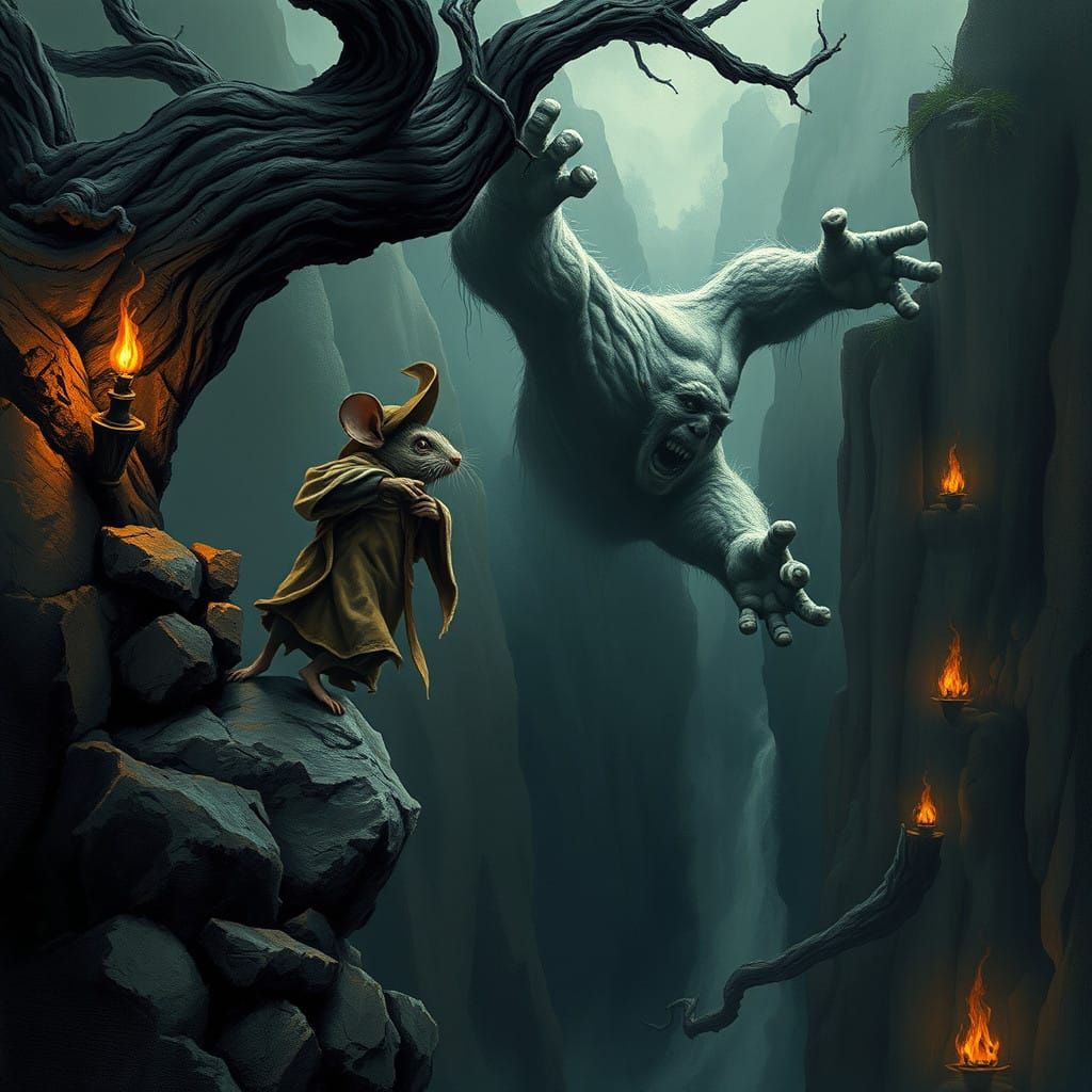 Mouse Watches Ogre Fall from Cliff in Dark, Foreboding Lands...