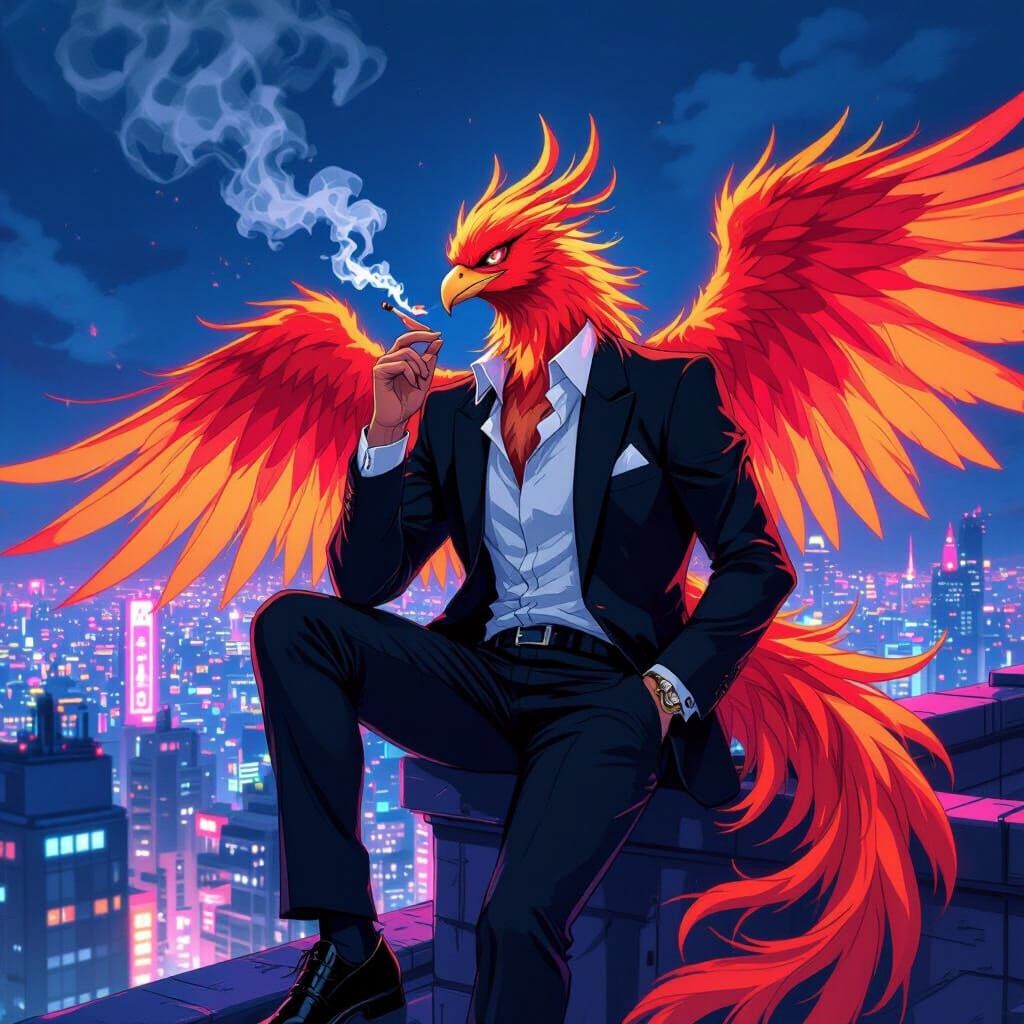 Enraged Anime Phoenix in Suit on Neon City Rooftop