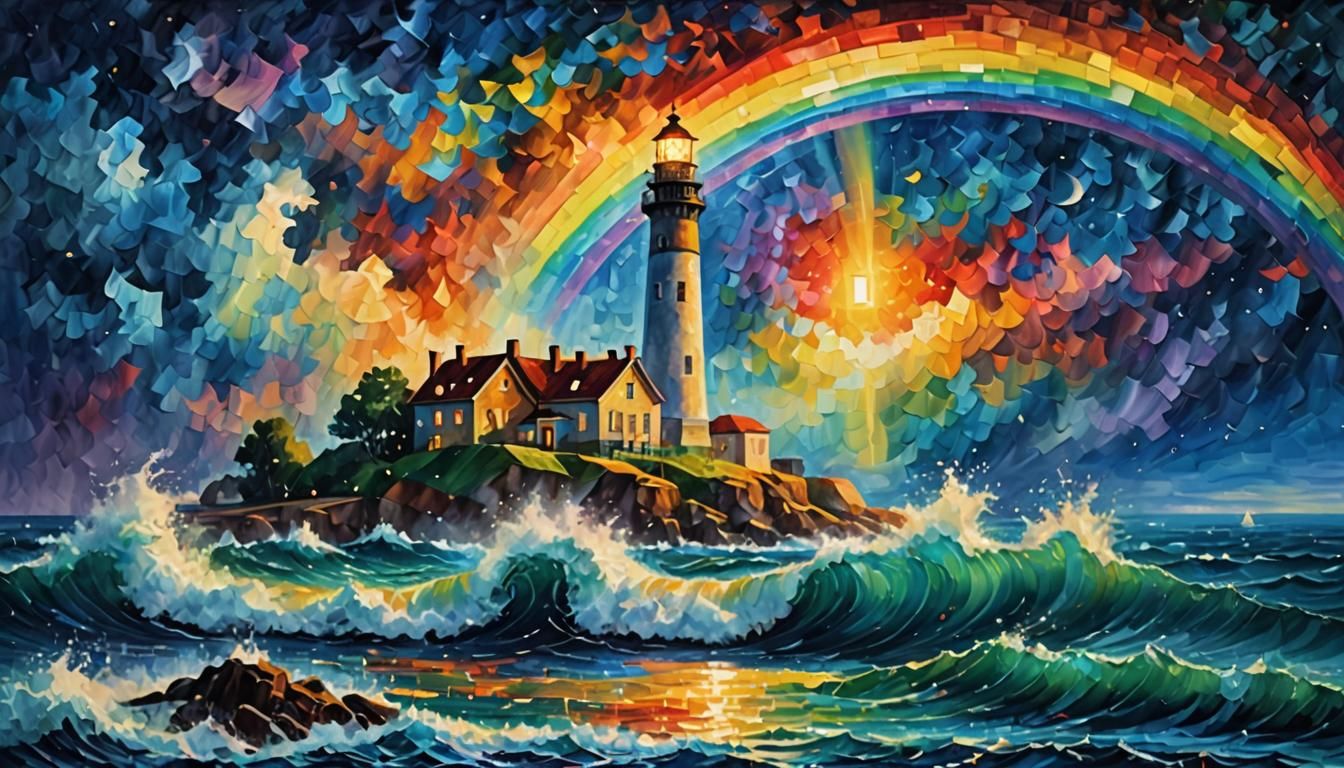Ocean Waves and Lighthouse at Night, Pointillism Style