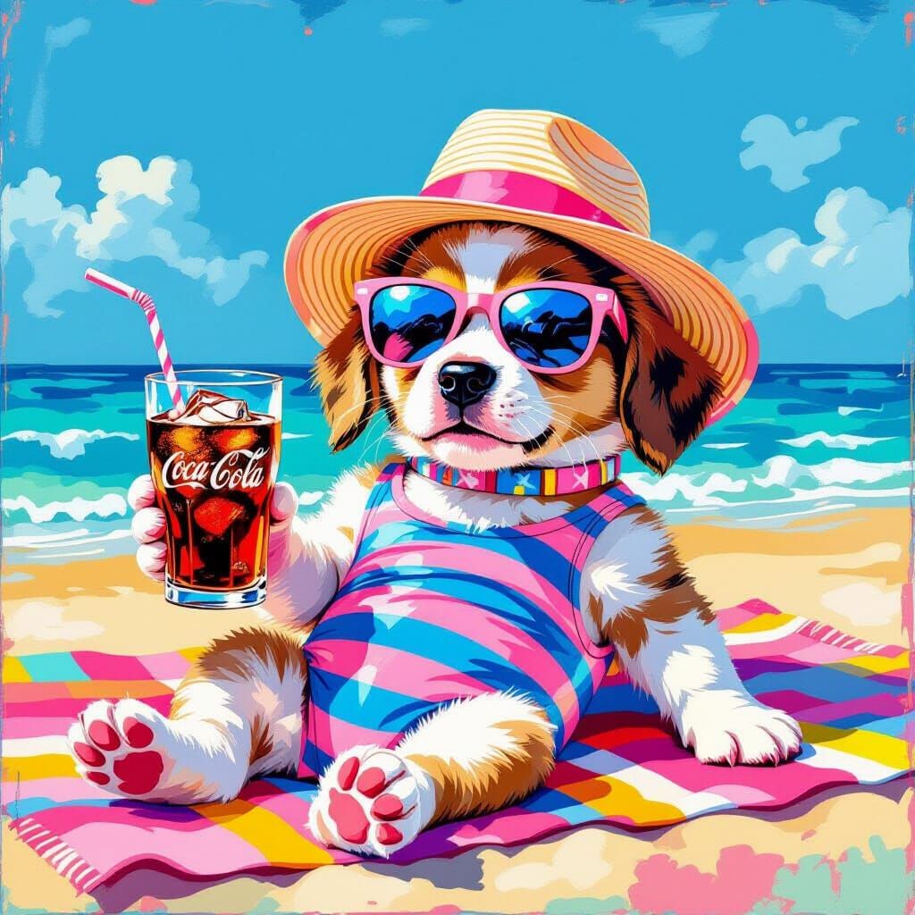Playful Puppy Summer Beach Scene in Hockney Style