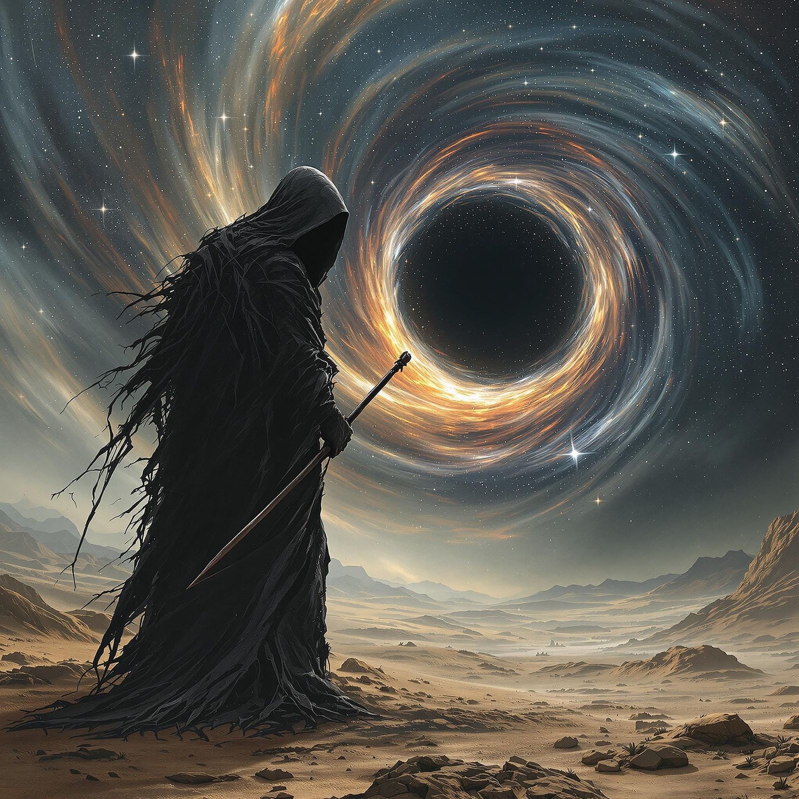 Dark Figure with Scythe Before Black Hole