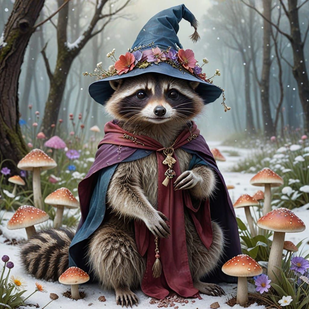 Enchanted Raccoon Wizard in Whimsical Forest Scene