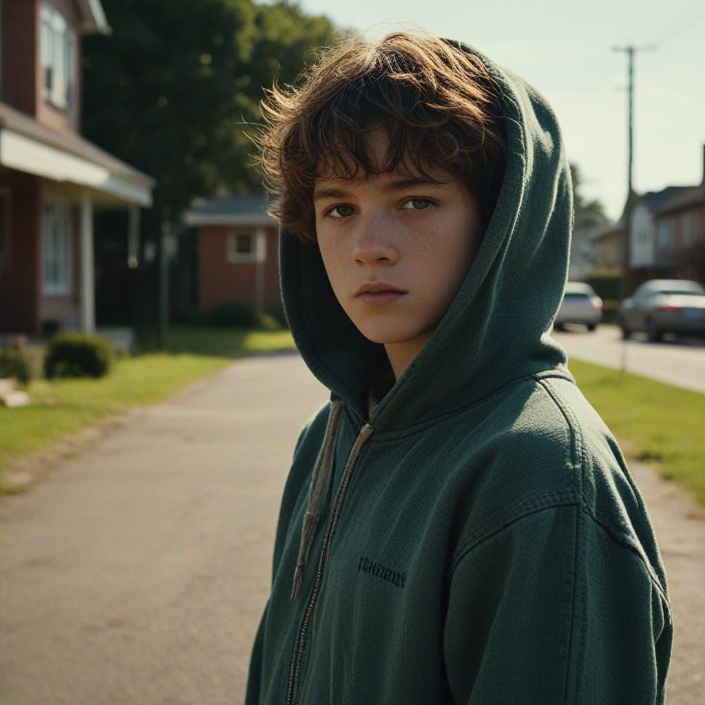 Boy in Dramatic Sunset Pose with Unruly Hair and Faded Hoodi...