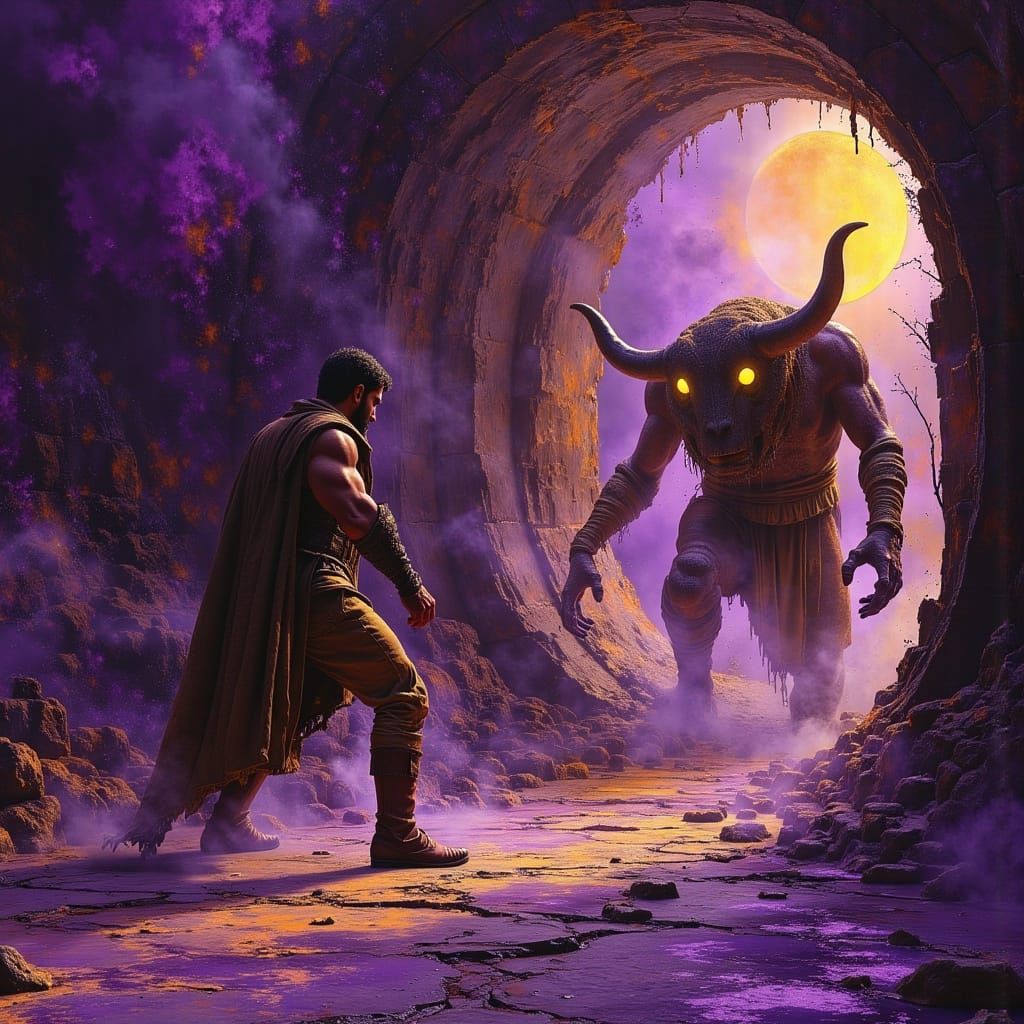 Athenian Prince Battles Minotaur in Dark, Mystical Labyrinth