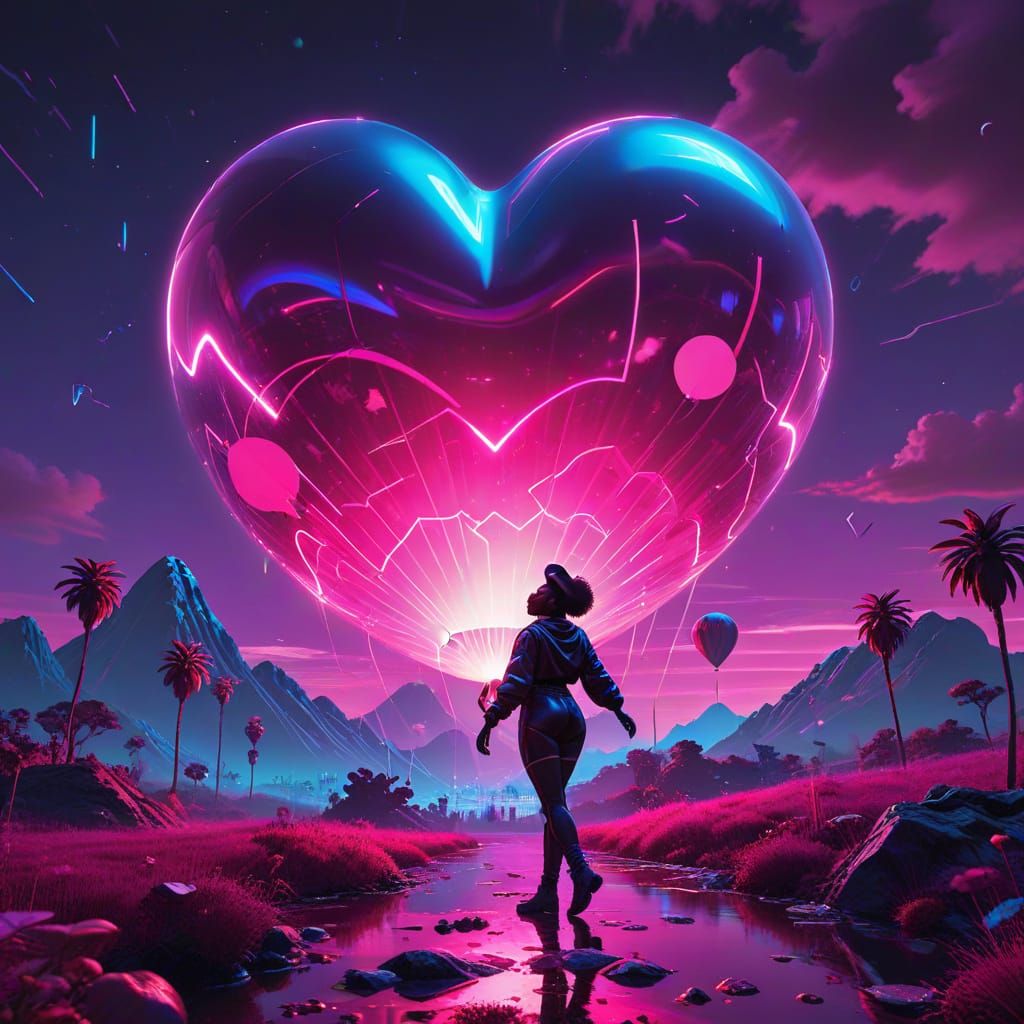 Synthwave Girl Floats with Heart Balloon