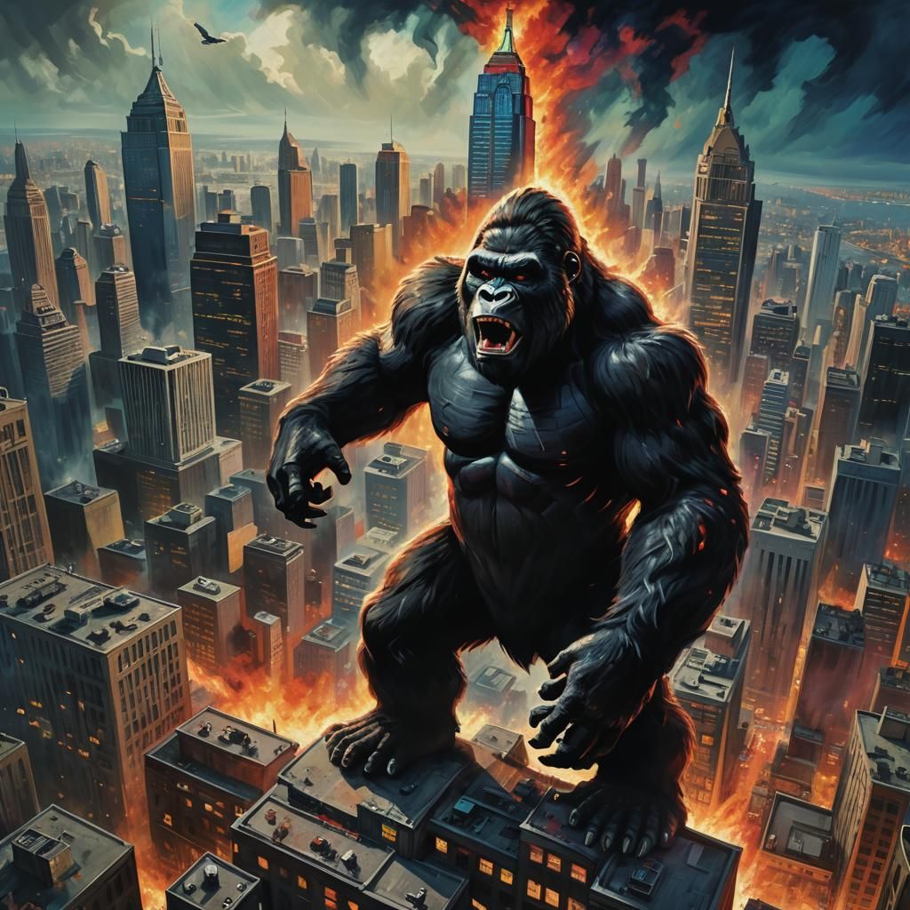 King Kong vs Godzilla: Cinematic Oil Painting