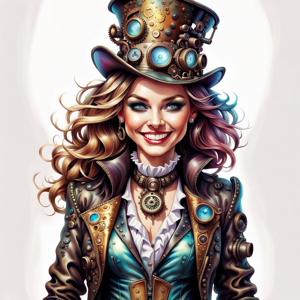 Steampunk Woman Airbrush Illustration in Maximalist Style