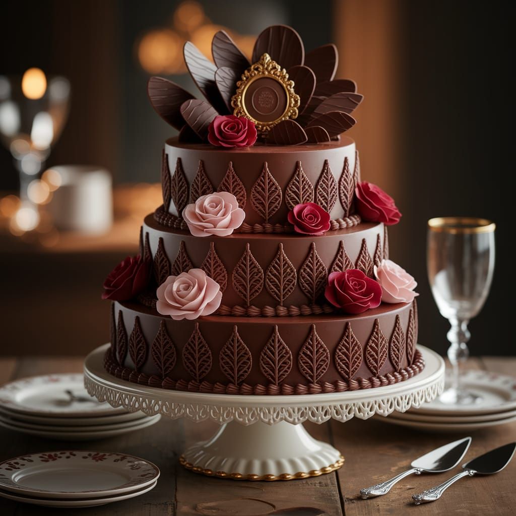 Luxurious Chocolate Cake with Filigree and Roses