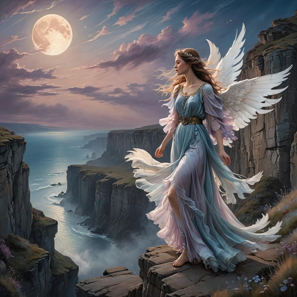 Ethereal Winged Woman at Cliff Edge in Pastel Art