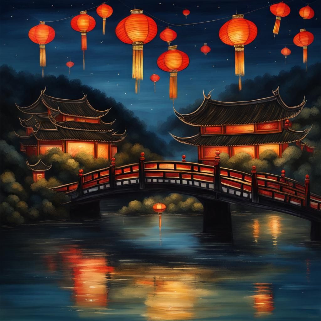Chinese Lanterns Floating Above River at Midnight