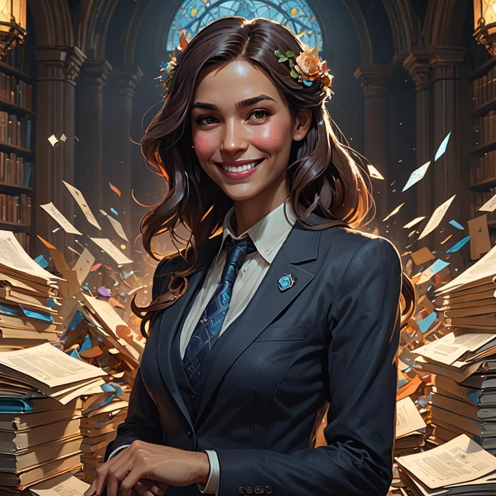 Smiling Secretary in Afterlife, Hyperdetailed Portrait