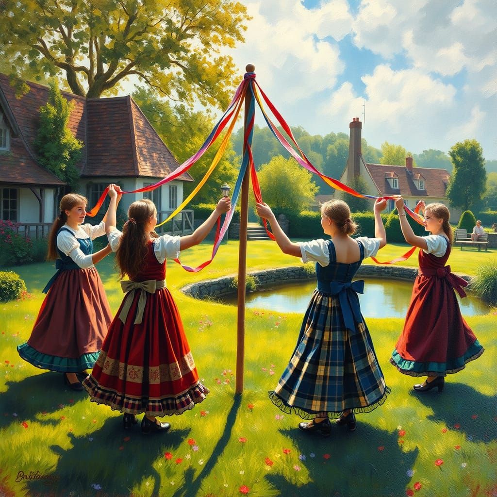 Maypole Dancers in Scottish Attire, Impressionistic Oil Pain...
