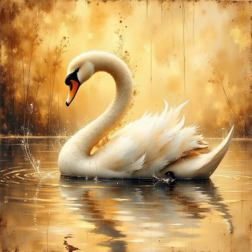 Ethereal Swan with Gold Background in Ink Style