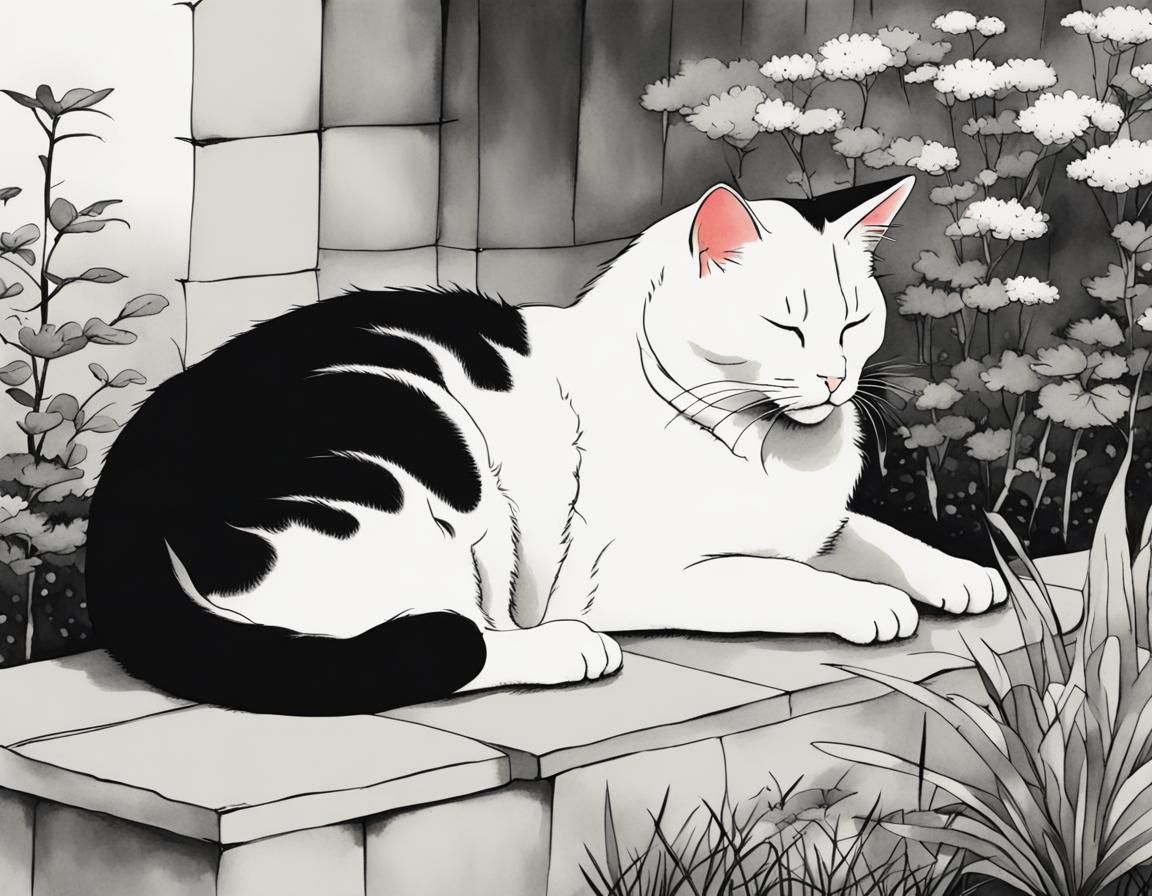 Black and White Cat Sleeping: Japanese Ink Painting