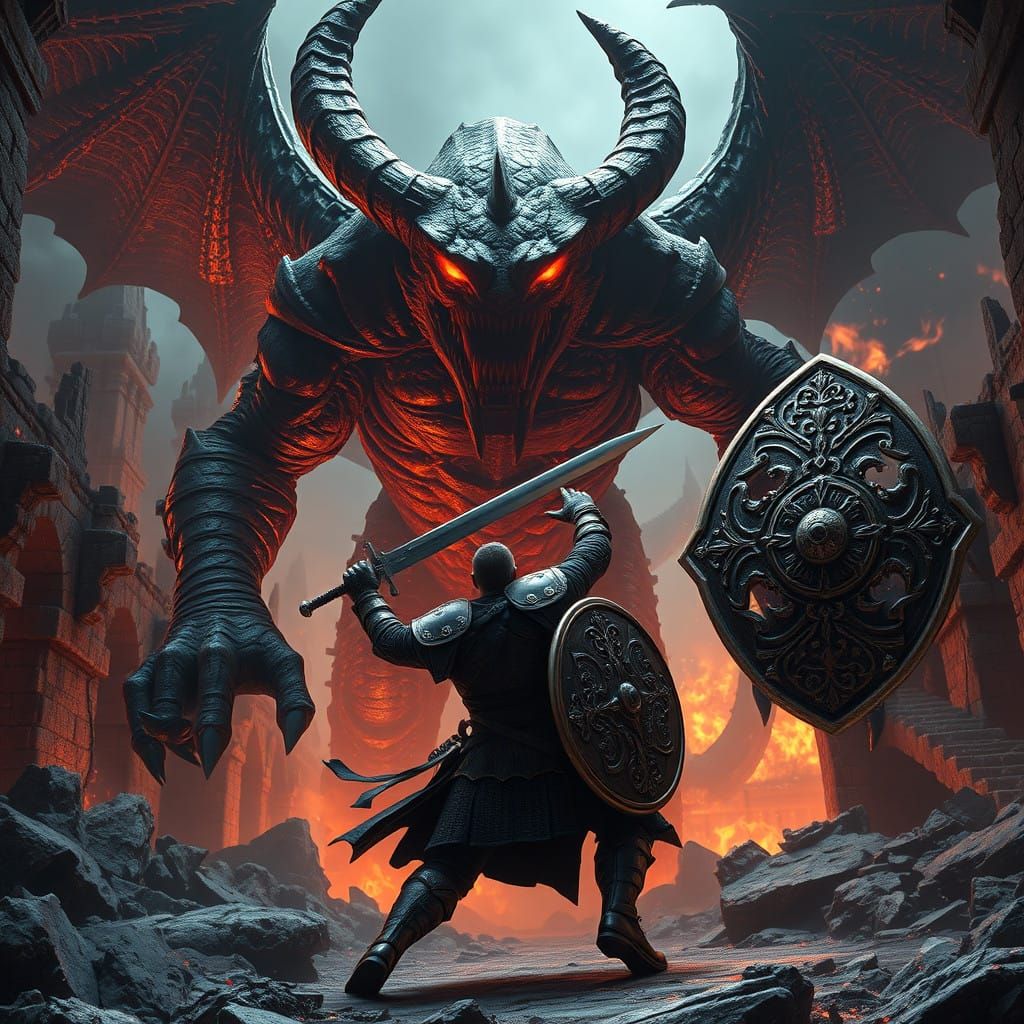 Warrior Defies Hellish Demon in Ruined Fortress
