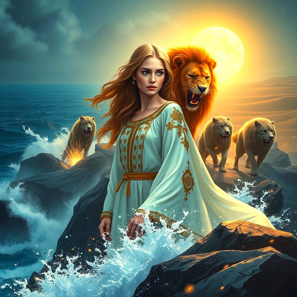 Lion Woman Protects Girl from Wolves