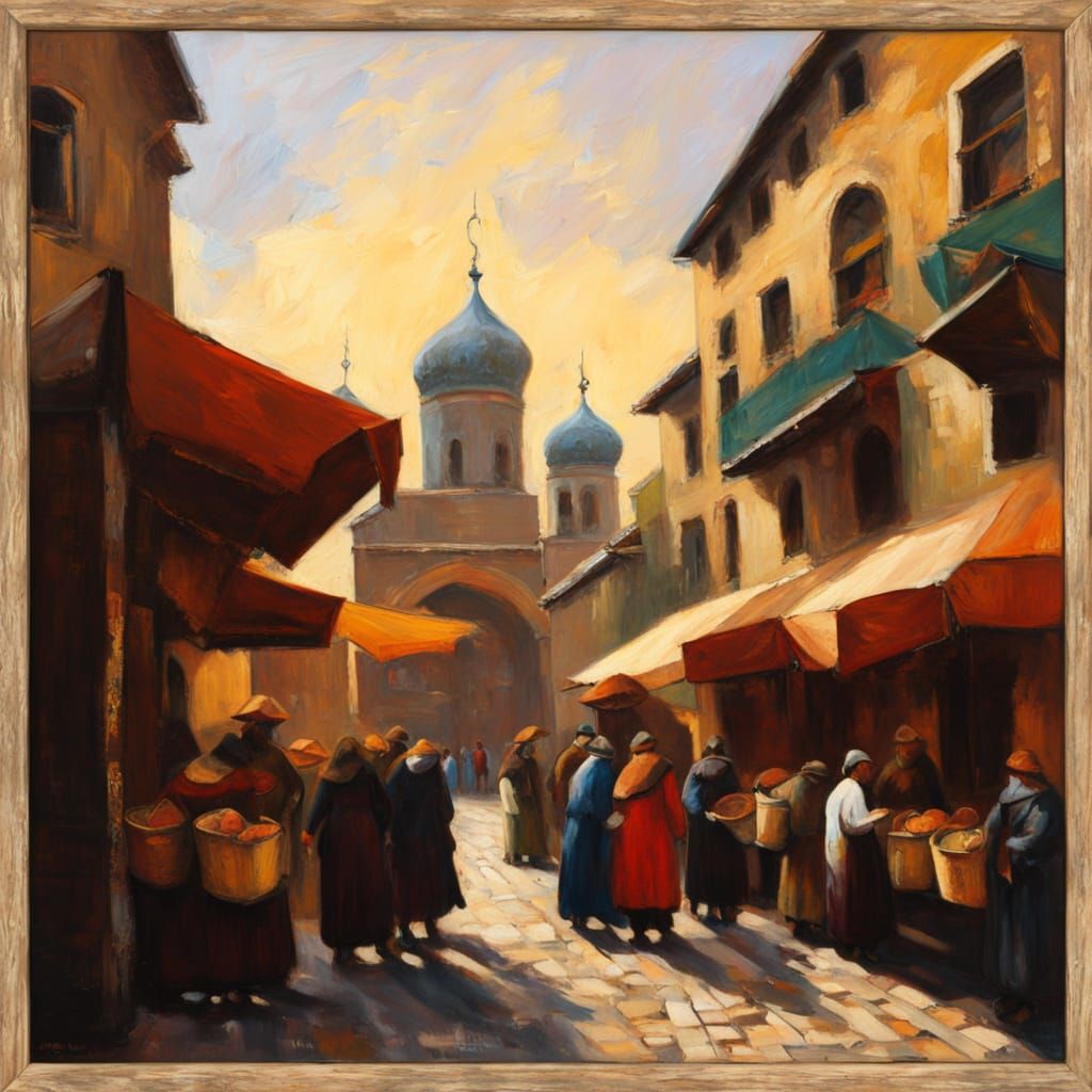 Bustling Oriental Marketplace: Neo-Impressionist Oil Paintin...