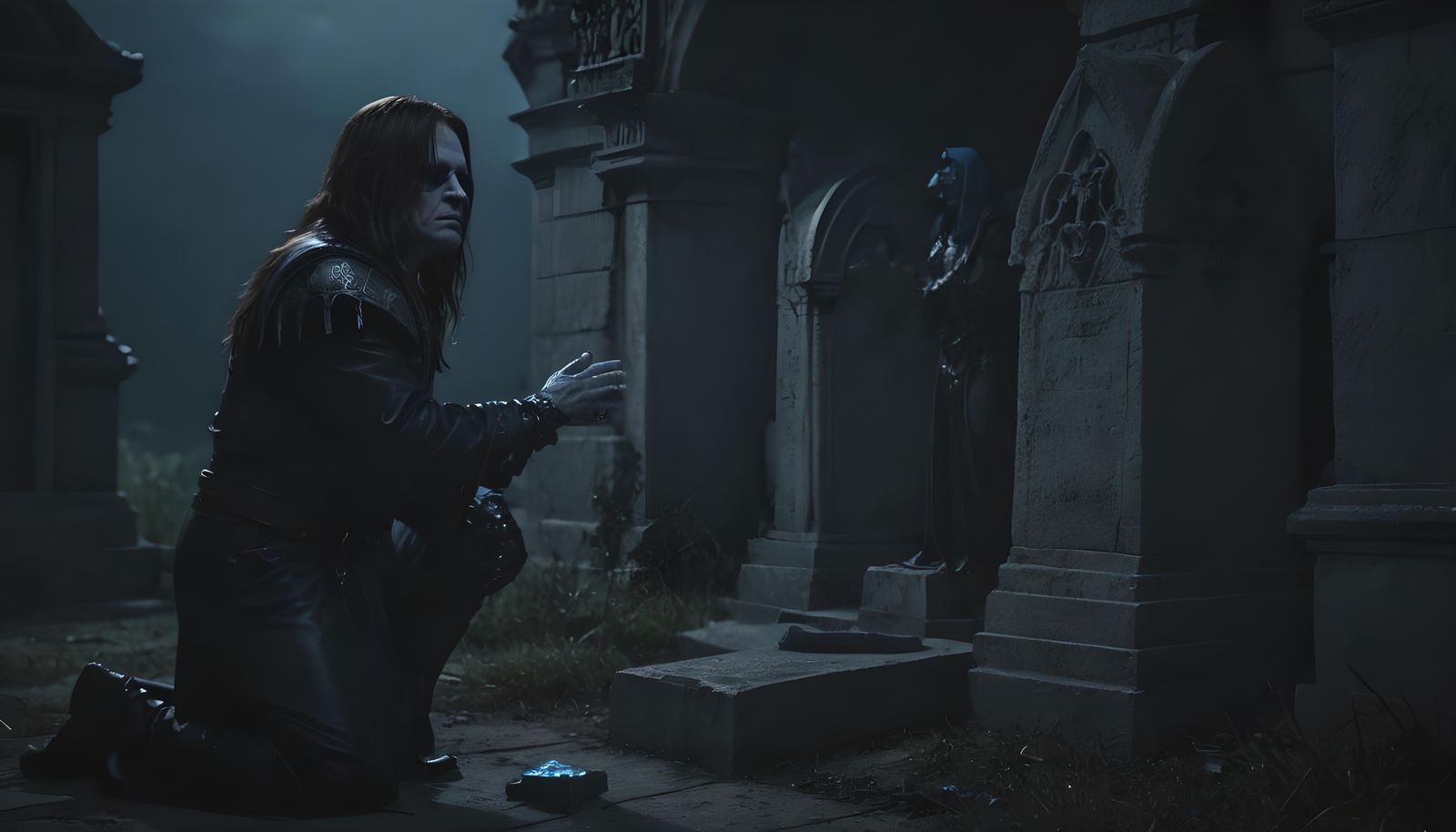 Paladin Praying in Gloomy Graveyard Photograph